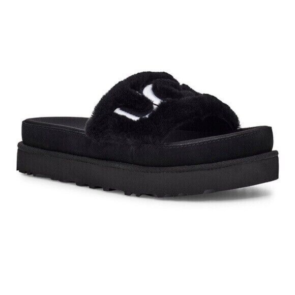 New Ugg Black Laton Fur Slide Sandals Platform Women's Slip On Shoe Black NIB - Picture 2 of 7
